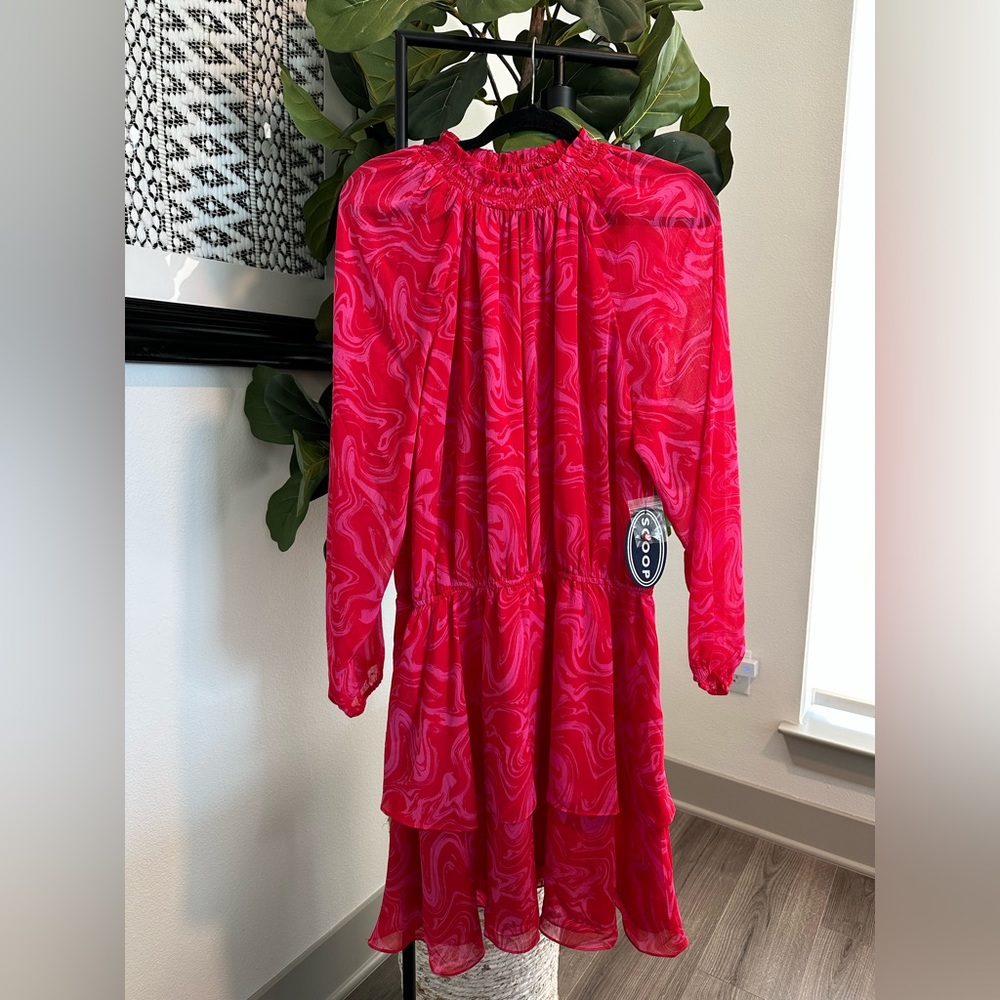 NWT | Scoop Smocked Pink & Red Paint Swirl/Marbled Dress